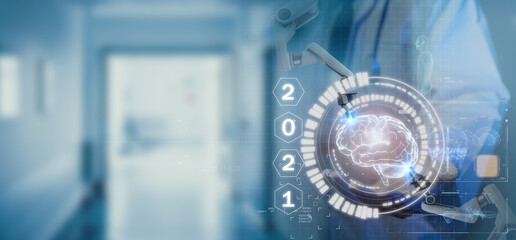 2021 medical futuristic technology trends concept, dotor holding diagnose virtual brain hud by using artifical intelligence, reserch and .. analysis robotic fot protect patient from disease outbreak