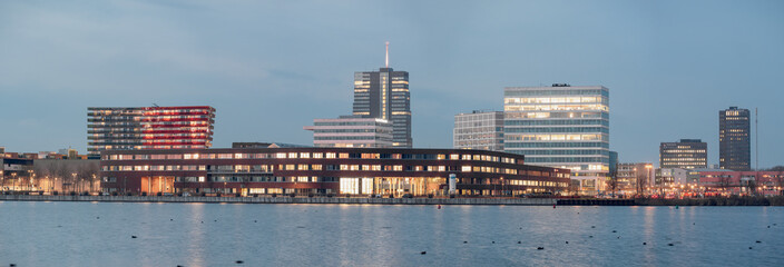 Panorama of Almere city center skyline in Flevoland, The Netherlands