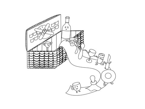 Picnic basket with funny cuoa, plates, fork, salt, bootle and glasses in doodle style on white background.