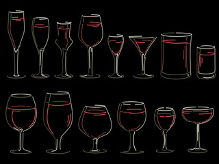Set of simple vector images of different wineglasses and glasses, filled with wine on a black background (in the dark) with shine and reflections (drawn in art line style). - 400000339