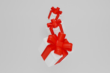 3d render. Three white gift boxes with red ribbons placed vertically.