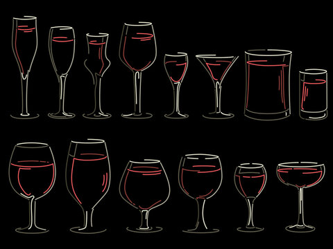 Set of simple vector images of different wineglasses and glasses, filled with wine on a black background (in the dark) with shine and reflections (drawn in art line style).