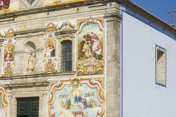  facade covered with azulejos of the Nossa Senhora do Amparo Church located in Valega, district of...