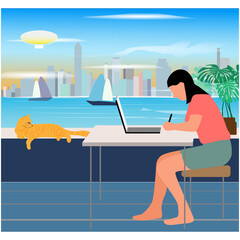 Work at home cozy workspace cityscape and cat editable vector illustration