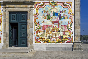  facade covered with azulejos of the Nossa Senhora do Amparo Church located in Valega, district of...