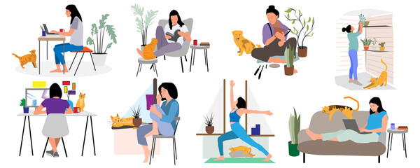 Set of People at home in quarantine. Spend time at home, study at home, Work at home. Vector flat style illustration