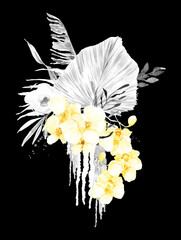 Watercolor black and white floral arrangement on black background.  Great for wedding, web design, poster, prints, cards