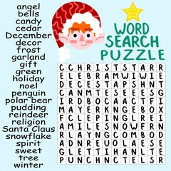 Word search puzzle Christmas game for kids stock vector illustration. Funny educational puzzle in English. Help elf to find all hidden words in word search puzzle. Square colorful printable worksheet