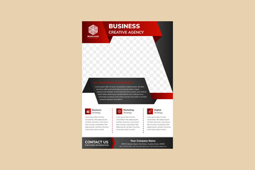 Business creative agency flyer template design use vertical layout. diagonal element with paper cut style use black and red colors gradient. white background with space for photo and infographic. 