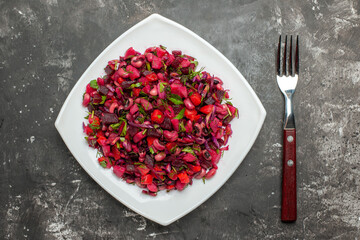 top view tasty vinaigrette salad with beets and beans on grey floor meal photo health