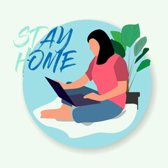 Fototapeta na wymiar Stay home, work at home, freelancer woman working on laptop in home. Editable vector illustration