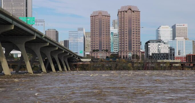 Bridge over James river during a flood in Richmond Virginia