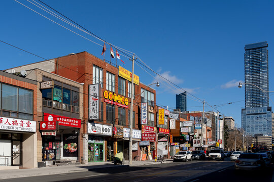 Toronto, Canada - November 28, 2020: Main China Town in downtown Toronto, Canada. The main Chinatown is one of the largest Chinatowns in North America now.