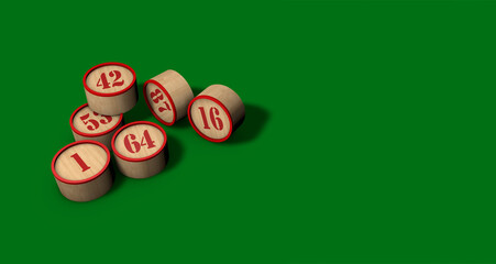 3D rendering of wooden Neapolitan bingo numbers on green gaming table