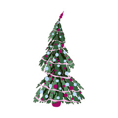 fluffy Christmas tree, hand drawn vector illustration. Blue, pink, crimson, Christmas tree toys. Isolated suitable for the design of postcards, textiles, children's books, scrapbooking.