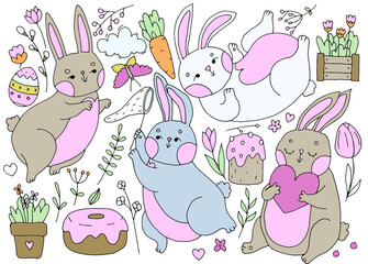Obraz na płótnie Canvas set of cute easter colored hares, childrens illustration