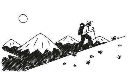 Man hiking in nature hand-drawn landscape. Cartoon vector clip art of a bearded tourist with backpack and walking sticks climbing up. Black and white illustration of a traveler walking up the mountain