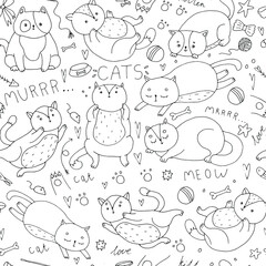 seamless pattern with cute playful cats, balls, lettering, paws, doodle illustration