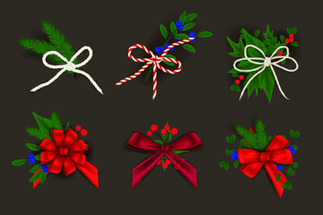 Set of Chistmas decoration, bows and christmas branches. Shiny 3d made from red decorative. Realistic bow and bow made of red ribbon, satin silk. Vector illustration