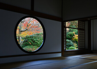 和室から眺める秋の庭園