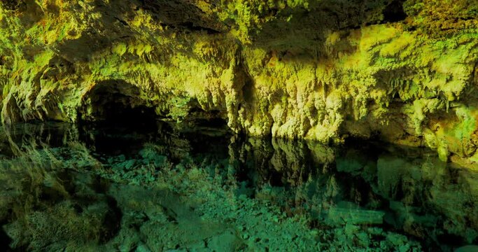 Frame in the movement of the grotto. A beautiful video of a cave that is underground where you can see the rocks that hang over the lake with water.