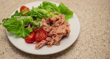 Salad with tuna and cherry tomatoes in a white plate