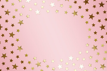 Obraz na płótnie Canvas Gold Star Confetti Frame on Light Rose Background