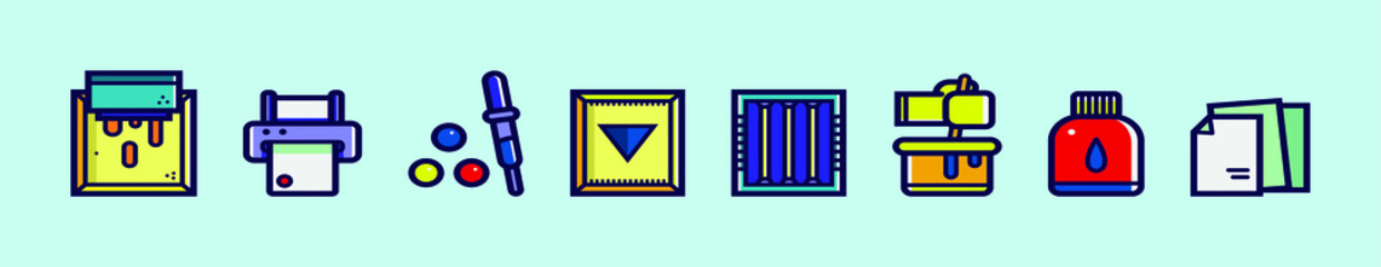 set of screen printing cartoon icon design template with various models. vector illustration isolated on blue background