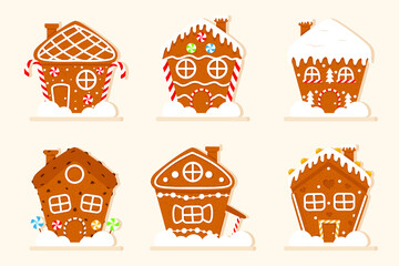 Collection of Christmas treats, gingerbread house. Set of vector handmade gingerbread houses, elements gingerbread, Santa's house. Christmas cookies. Vector illustration