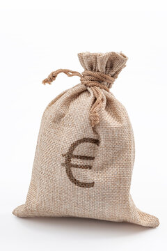 EU Currency, European Euros and vintage bounty award concept with picture of linen bag of money tied with stings with Euro sign printed on it isolated on white background with clipping path cutout