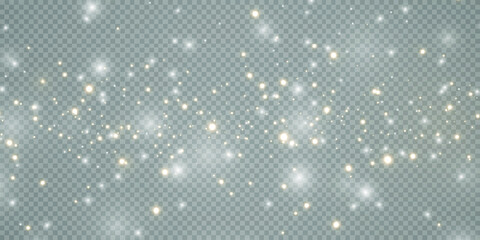 Abstract winter background from snowflakes blown by the wind on a white transparent background.  Light white stars png. White png dust light.	