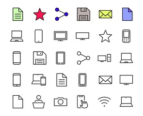 SMART devices and gadgets linear icons set, vector, contains icons computer, camera, laptop, phone, web devices, electronic appliances, and much more. Editable stroke