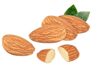 almond nuts with leaves isolated on white