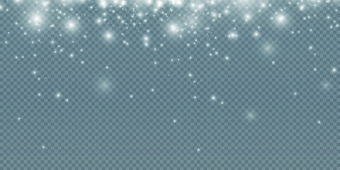 Abstract winter background from snowflakes blown by the wind on a white transparent background. Light white stars png. White png dust light.	