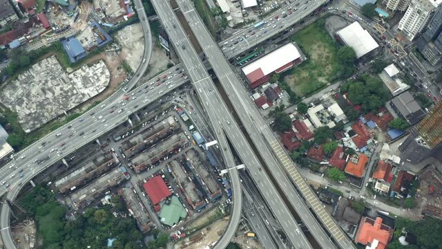 Aerial Shot Of Traffic Driving On Busy Expressway in Kuala lumpur, Malaysia