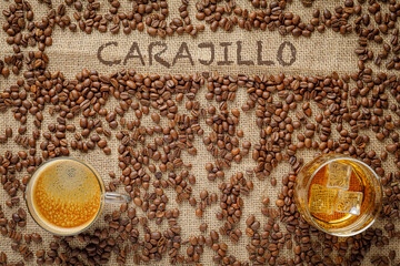 Carajillo, traditional Spanish coffee with brandy, whiskey, cognac or rum