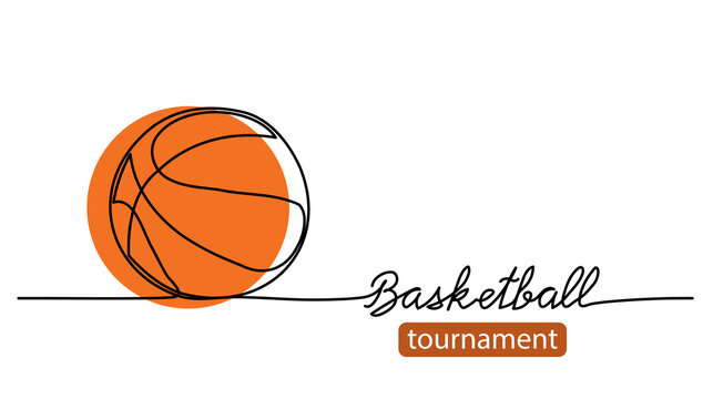 Basketball tournament simple vector background, banner, poster with orange ball sketch. One line drawing art illustration of basketball ball