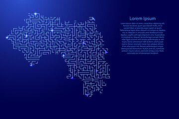 Fototapeta na wymiar Guinea map from blue pattern of the maze grid and glowing space stars grid. Vector illustration.