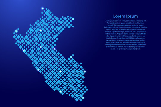 Peru map from blue pattern rhombuses of different sizes and glowing space stars grid. Vector illustration.