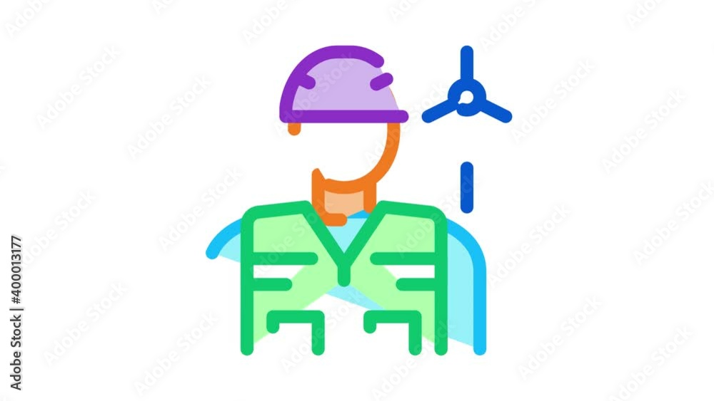 Poster employee with protection wind energy technicians icon  outline illustration