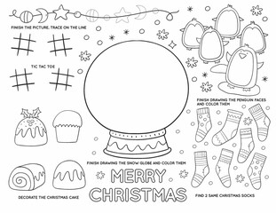 Christmas Printable for Christmas kids Party in doodle style. Christmas worksheets and coloring page for children. Christmas Party Placemat for Kids table. Winter activity page