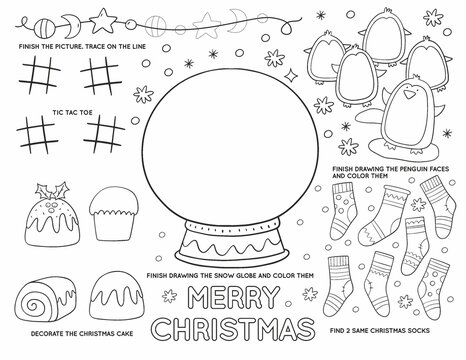 Christmas Printable for Christmas kids Party in doodle style. Christmas worksheets and coloring page for children. Christmas Party Placemat for Kids table. Winter activity page