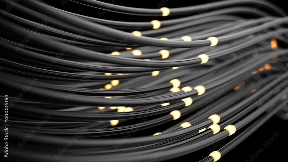 Poster 3d rendering of abstract black internet cables with bright which signals move inside its. seamless l