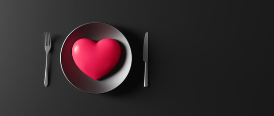 Red heart on the plate with black background. Top view with Copy space 3d render 3d illustration