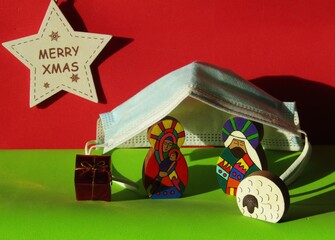 nativity scene, face mask as hut