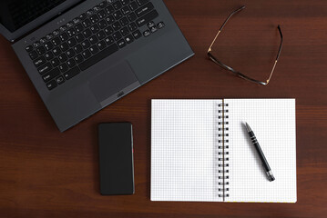 Top view of wooden office desk table