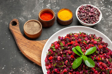 top view vinaigrette salad with beet and beans on a grey background meal salad food diet