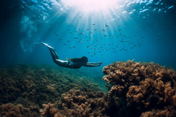Free diver woman with fins glides underwater with school of fish and sun rays.