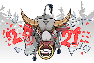 cartoon bull in rage breaks glass with numbers 2021