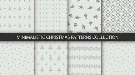 Set of minimalstic delicate christmas tree seamless patterns in white grey colors. Winter vector textures for wrapping and other design